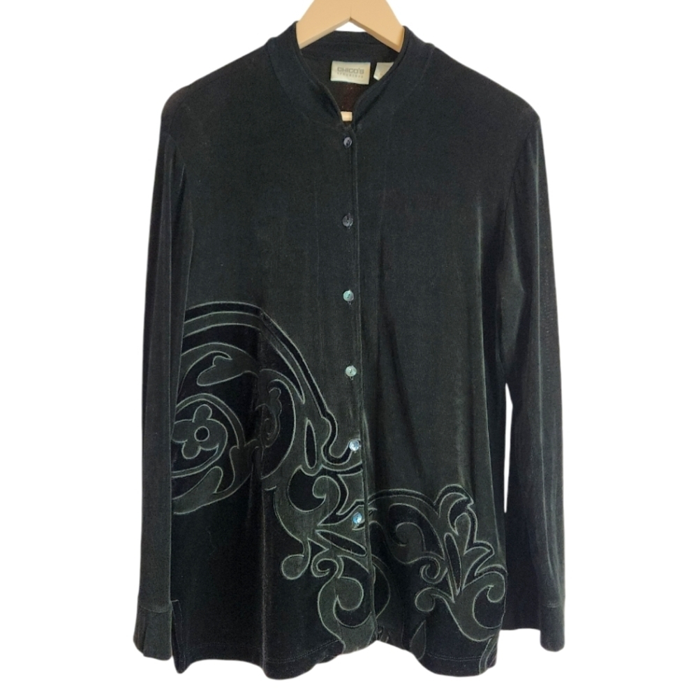 CHICOS Travelers Women’s Black Button Down Embroidered Jacket, Black, 2